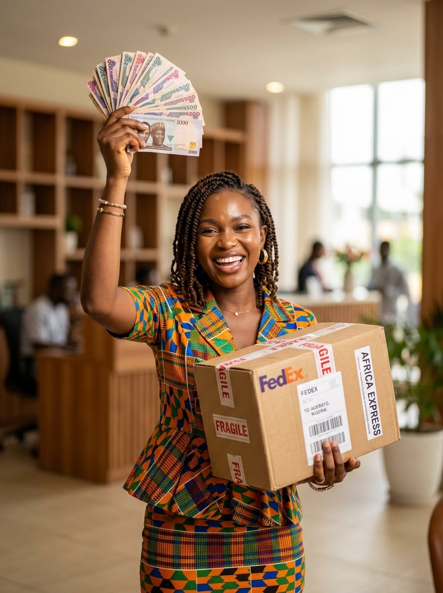 Femme africaine souriante tenant un colis et du cash après avoir vendu ses kilos de franchise bagage sur KiloCash